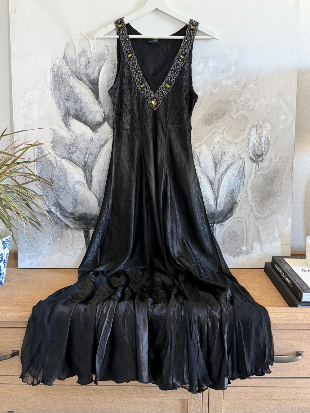 Komarov Black Maxi Dress with Embellished V-Neck